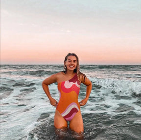 Pacific Aura — One-Shoulder Printed Swimsuit + Long Cover-Up