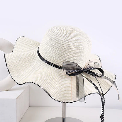 Women's Wide-Brim Sun Hat — Wavy Edge &amp; Sheer Bow