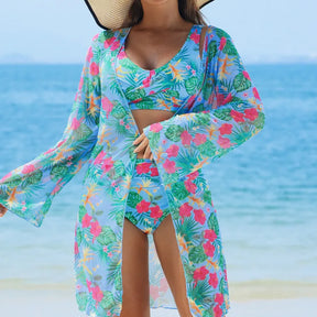 Coastal Set – 3-Piece Floral Bikini with High-Waist Shorts &amp; Cover-Up