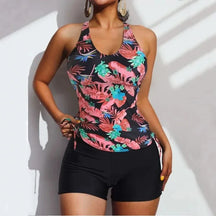 Caribbean floral tankini with side tie and cross back