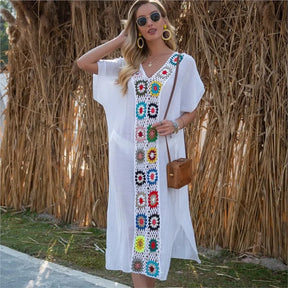 Sol Flor – Long Beach Cover-Up with Floral Crochet Detail