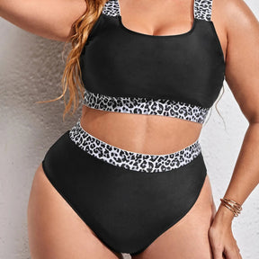 Leopard Trim Plus Size Bikini – Scoop Neck &amp; High-Waist Bottom