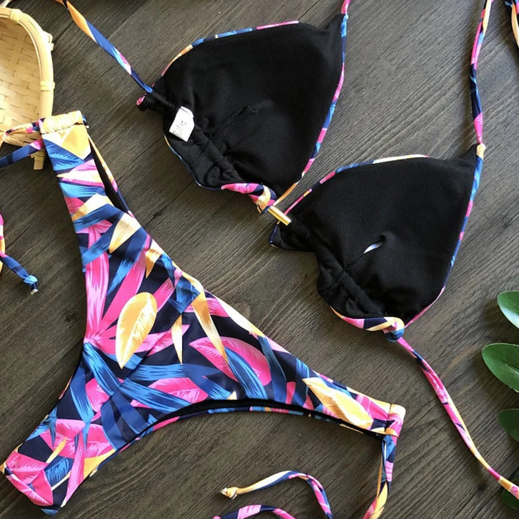 Brazilian Cut Tropical Leaf Print Tie Bikini