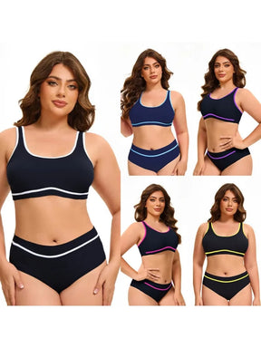 Solid Color Plus Size Bikini – Scoop Neck &amp; Contrast Stripe Trim