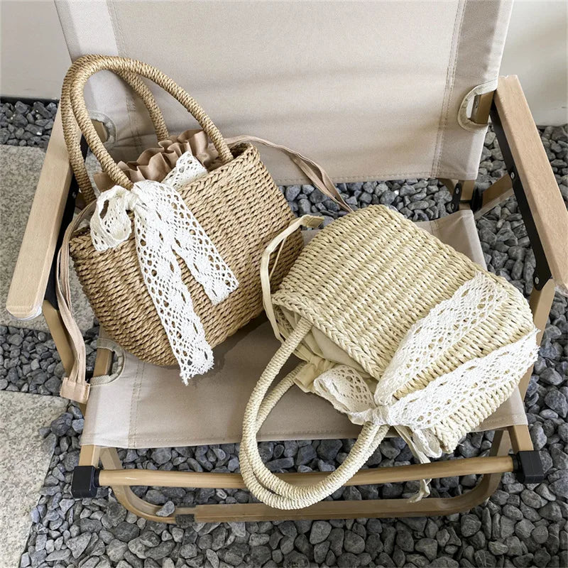 Mini Woven Straw Bucket with Drawstring