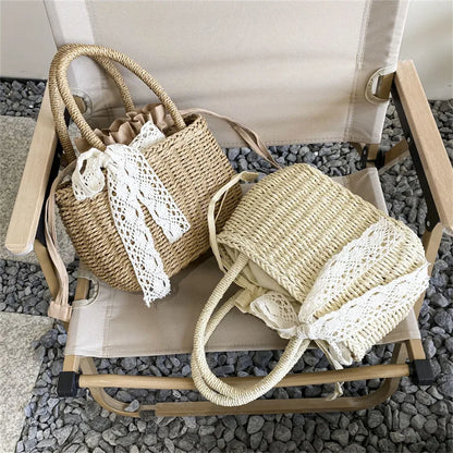 Mini Woven Straw Bucket with Drawstring