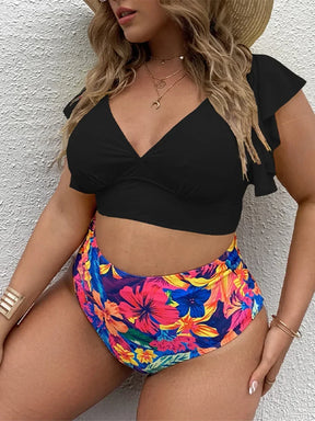 Charming Floral Plus Size Bikini Set with Ruched Sleeves