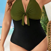 Two-Tone Knot Front Plus Size One-Piece – Halter V-Neck
