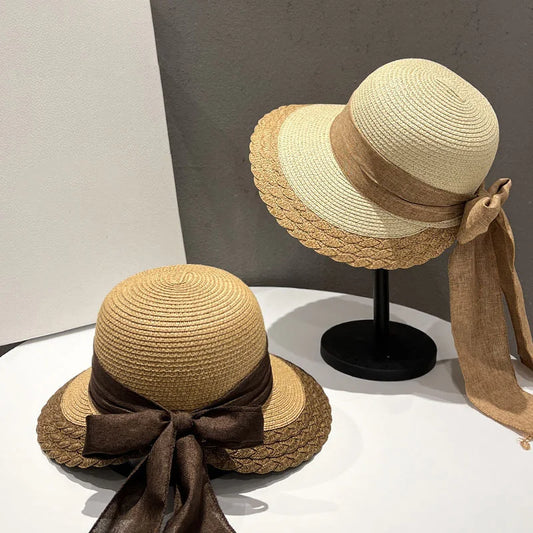 Foldable Straw-Effect Sun Hat with Back Bow