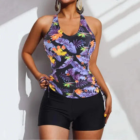 Caribbean floral tankini with side tie and cross back