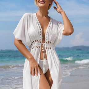 Elegant beach cover-up with crochet details