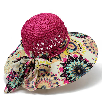 Women's Crochet Straw Sun Hat — Paisley Fabric Brim &amp; Bow