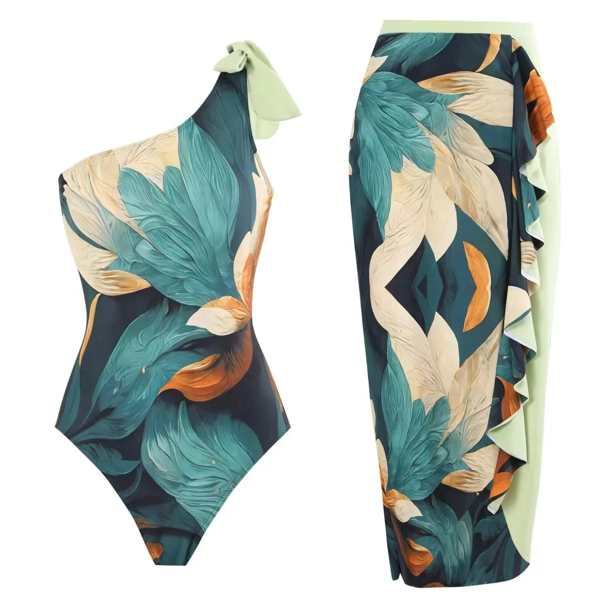 Pacific Aura — One-Shoulder Printed Swimsuit + Long Cover-Up