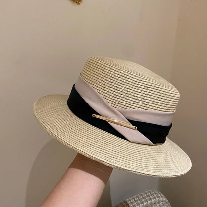 Women's Boater Straw Hat — Layered Ribbon Band &amp; Gold Bar