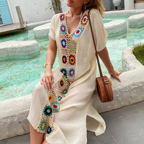 Sol Flor – Long Beach Cover-Up with Floral Crochet Detail