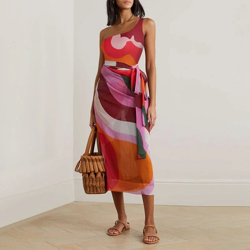 Pacific Aura — One-Shoulder Printed Swimsuit + Long Cover-Up