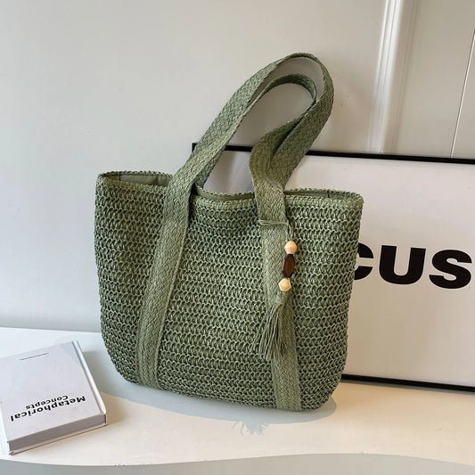 Lined Straw Tote with Zipper &amp; Tassel