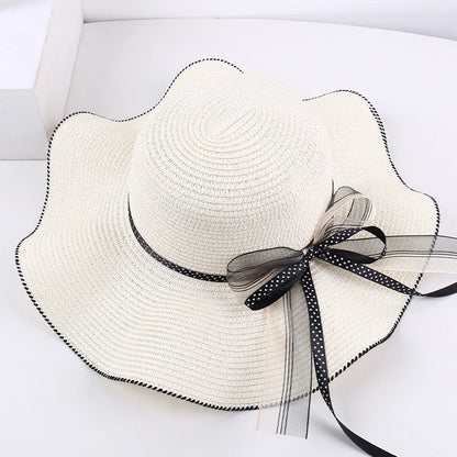Women's Wide-Brim Sun Hat — Wavy Edge &amp; Sheer Bow
