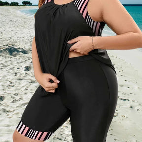 Floral Vest-Style Plus Size Tankini Set – Mid-Thigh Shorts