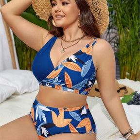 Women's Plus Size V-Neck Colorblock Floral Bikini Set
