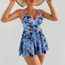 Retro Print V-Neck Tankini Set