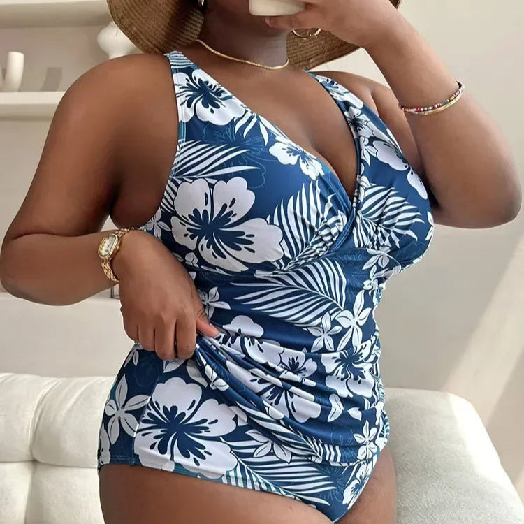Blue Floral Plus Size Tankini Set – Longline Top &amp; High-Waist Bottom