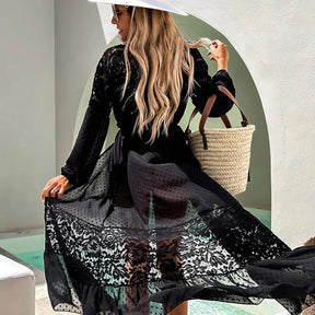 Long transparent beach cover-up with polka dots- lace and a tie at the waist