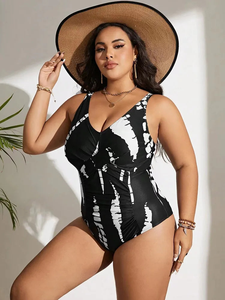 Sensation Plus Size One-Piece-Neck V Elegance in black and white