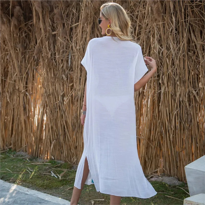 Sol Flor – Long Beach Cover-Up with Floral Crochet Detail