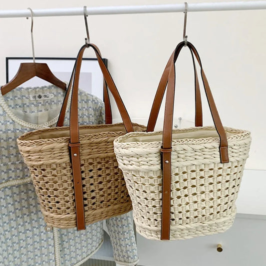 Woven Straw Basket Tote with Zipper