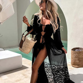 Long transparent beach cover-up with polka dots- lace and a tie at the waist