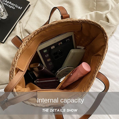 Woven Straw Basket Tote with Zipper