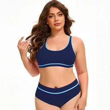 Solid Color Plus Size Bikini – Scoop Neck &amp; Contrast Stripe Trim