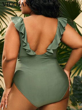 Ruffle V-Neck Plus Size One-Piece – Backless Elegance