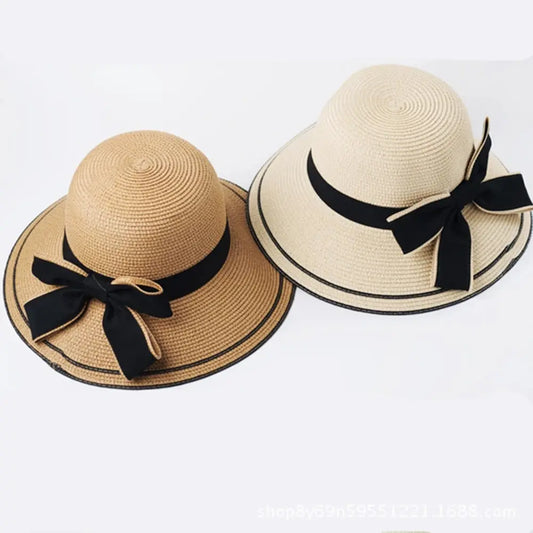 Women's Wide-Brim Straw Sun Hat — Back Bow Ribbon
