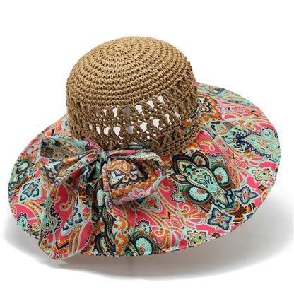 Women's Crochet Straw Sun Hat — Paisley Fabric Brim &amp; Bow