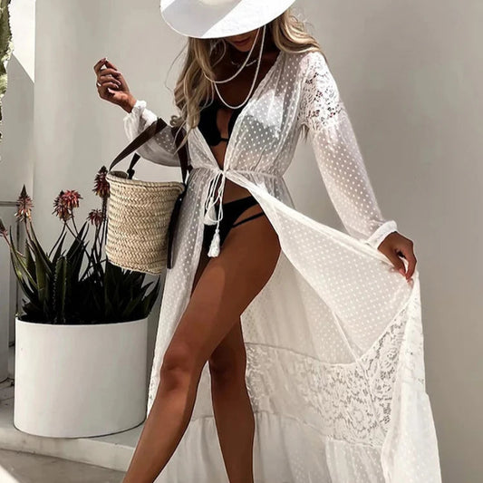 Long transparent beach cover-up with polka dots- lace and a tie at the waist