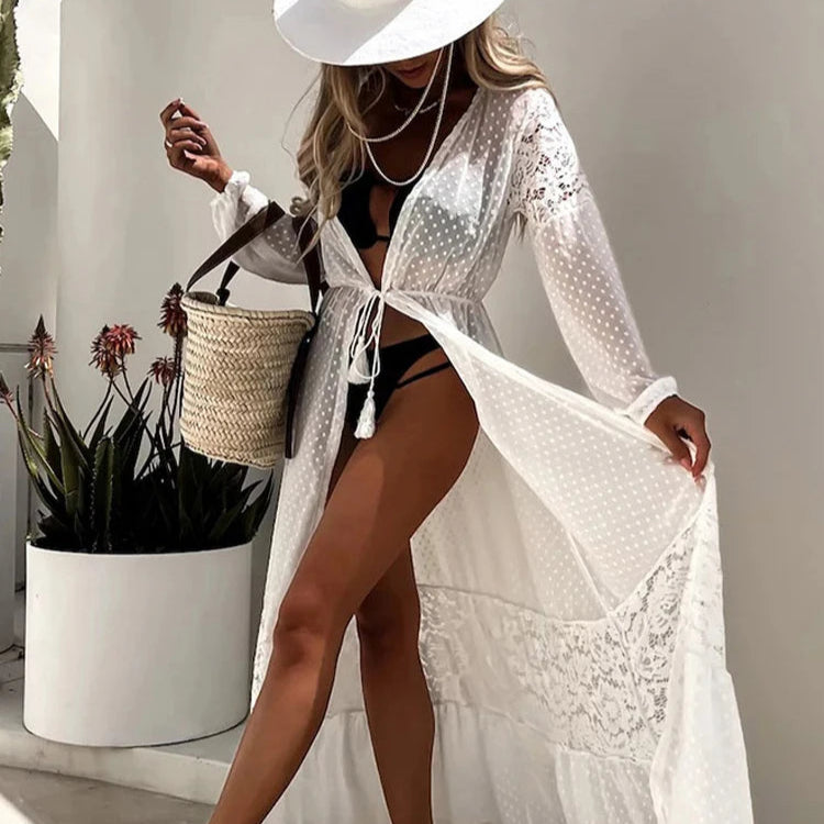 Long transparent beach cover-up with polka dots- lace and a tie at the waist