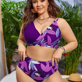 Women's Plus Size V-Neck Colorblock Floral Bikini Set