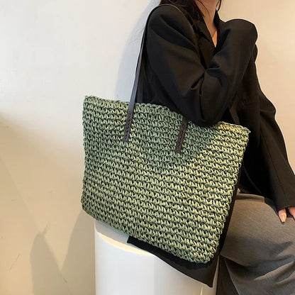 Woven Straw Boho Tote with Zip