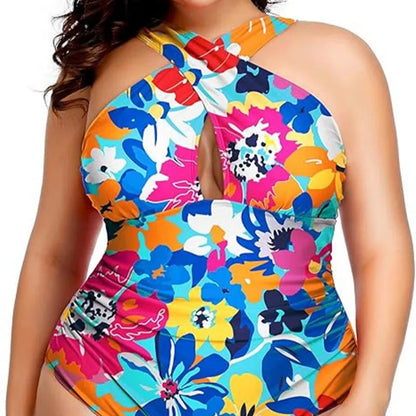 Plus Size Cross-Front One-Piece Swimsuit – Chic Black Elegance