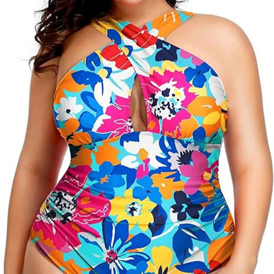 Plus Size Cross-Front One-Piece Swimsuit – Chic Black Elegance