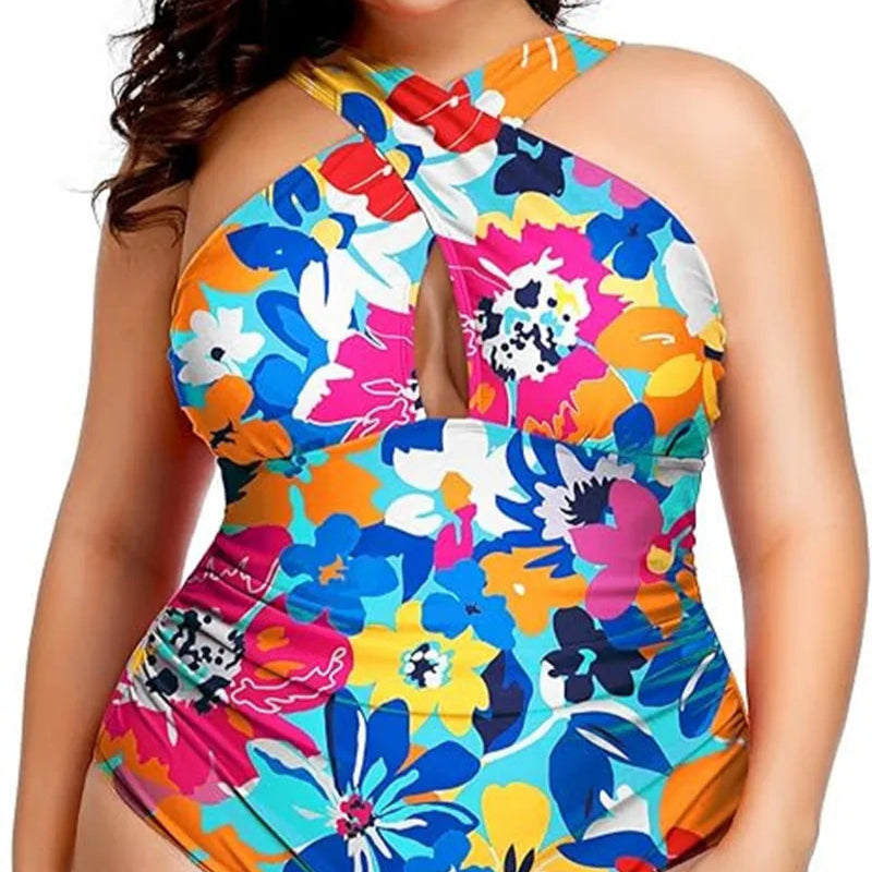 Plus Size Cross-Front One-Piece Swimsuit – Chic Black Elegance