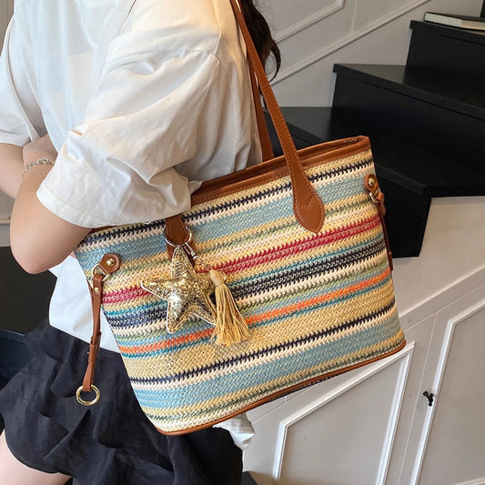 Striped Straw-Effect Tote with Zip
