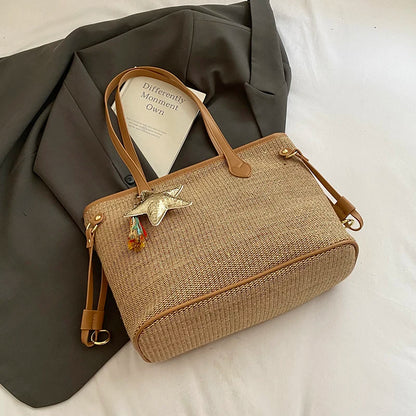 Striped Straw-Effect Tote with Zip