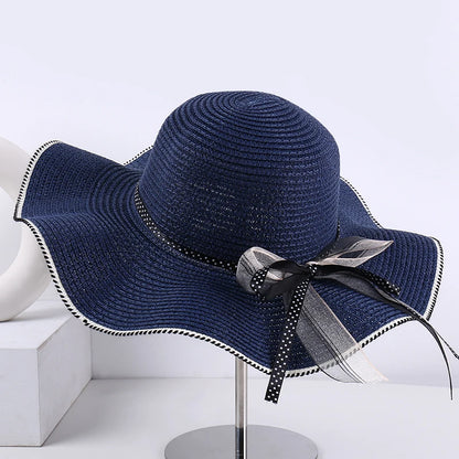 Women's Wide-Brim Sun Hat — Wavy Edge &amp; Sheer Bow