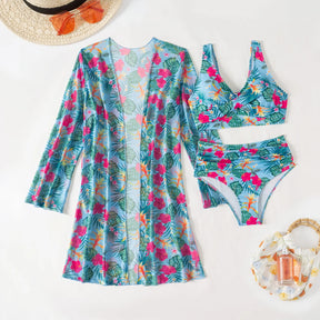 Coastal Set – 3-Piece Floral Bikini with High-Waist Shorts &amp; Cover-Up