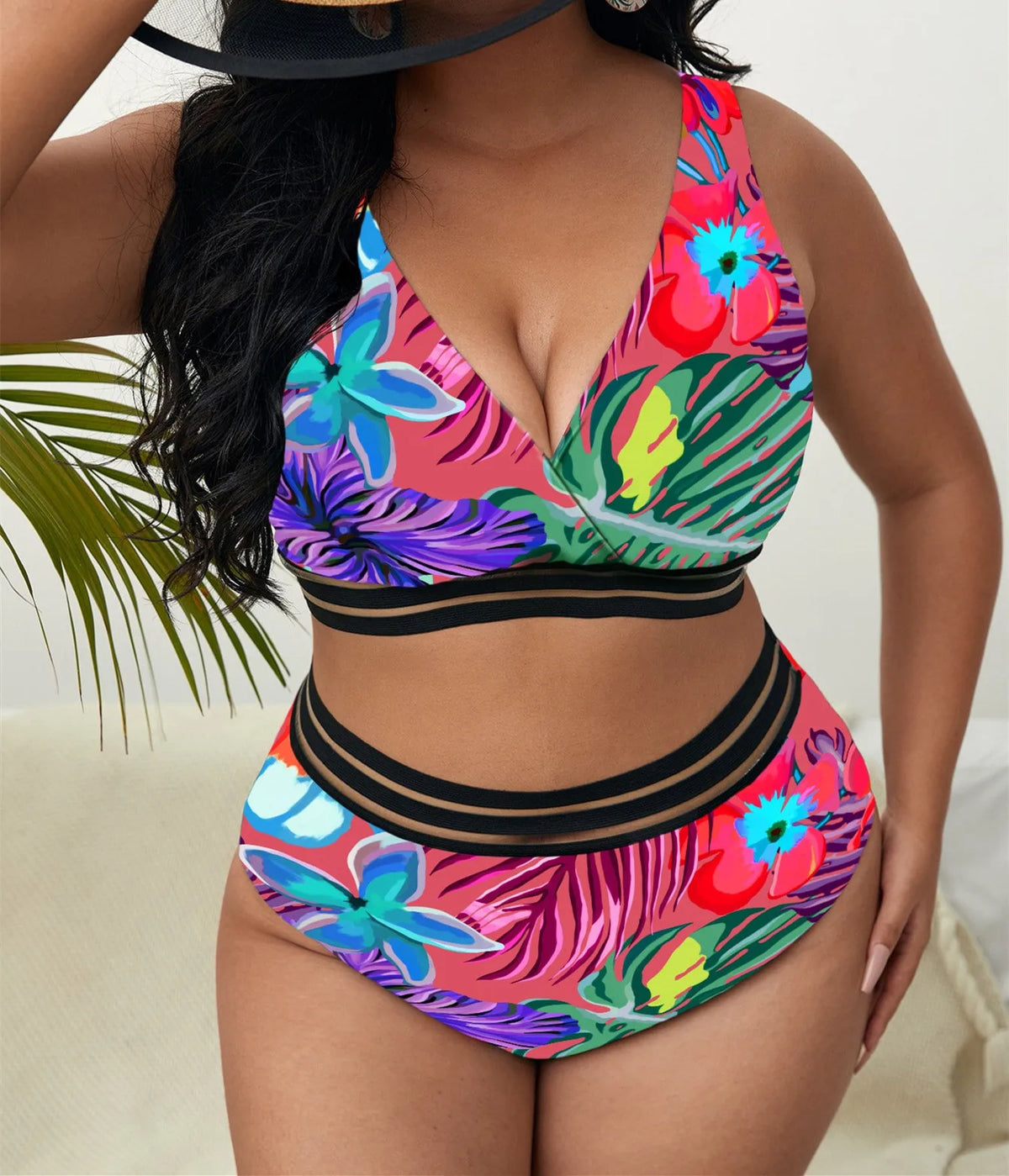 Modern black floral bikini