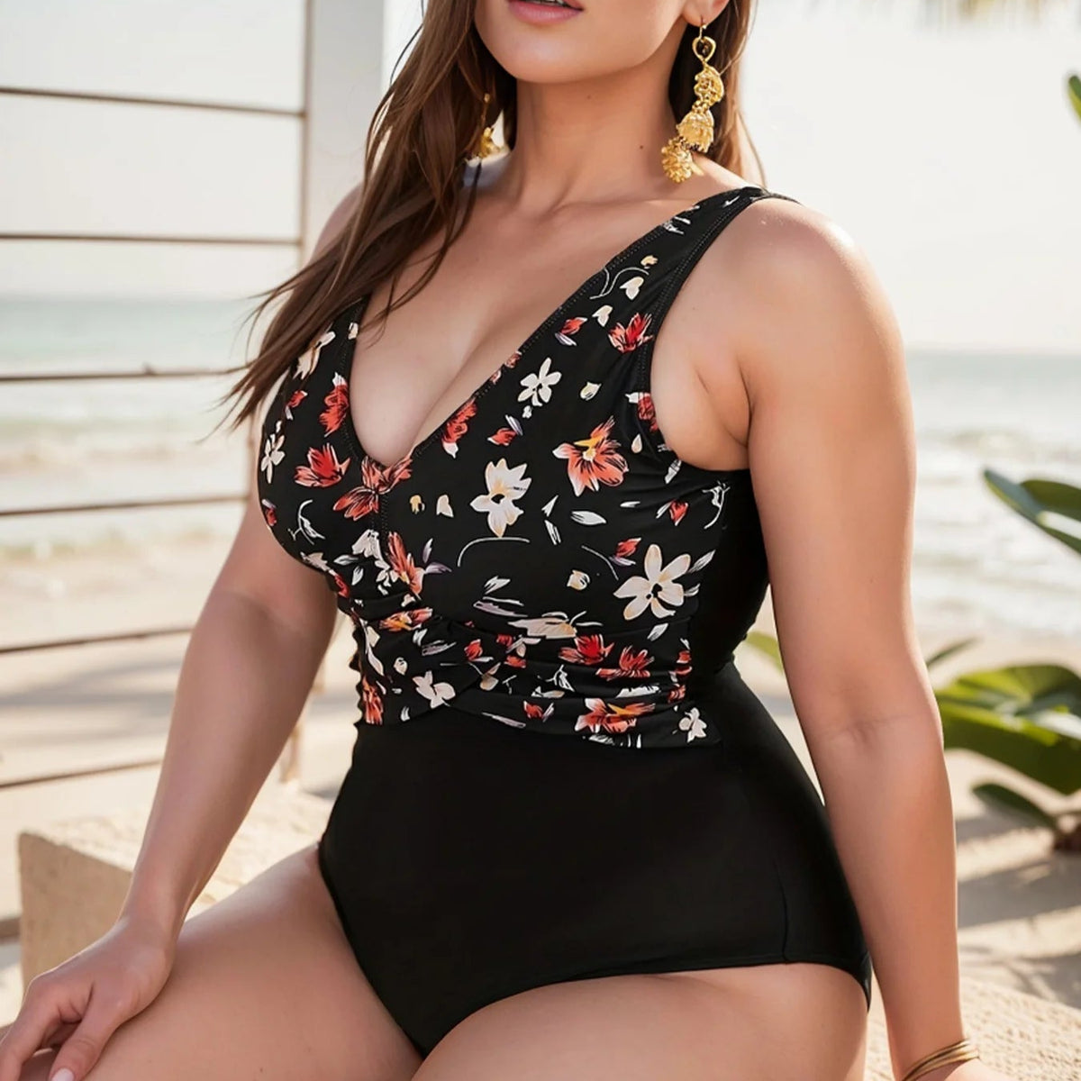 Floral Contrast Plus Size One-Piece – V-Neck &amp; Draped Waist