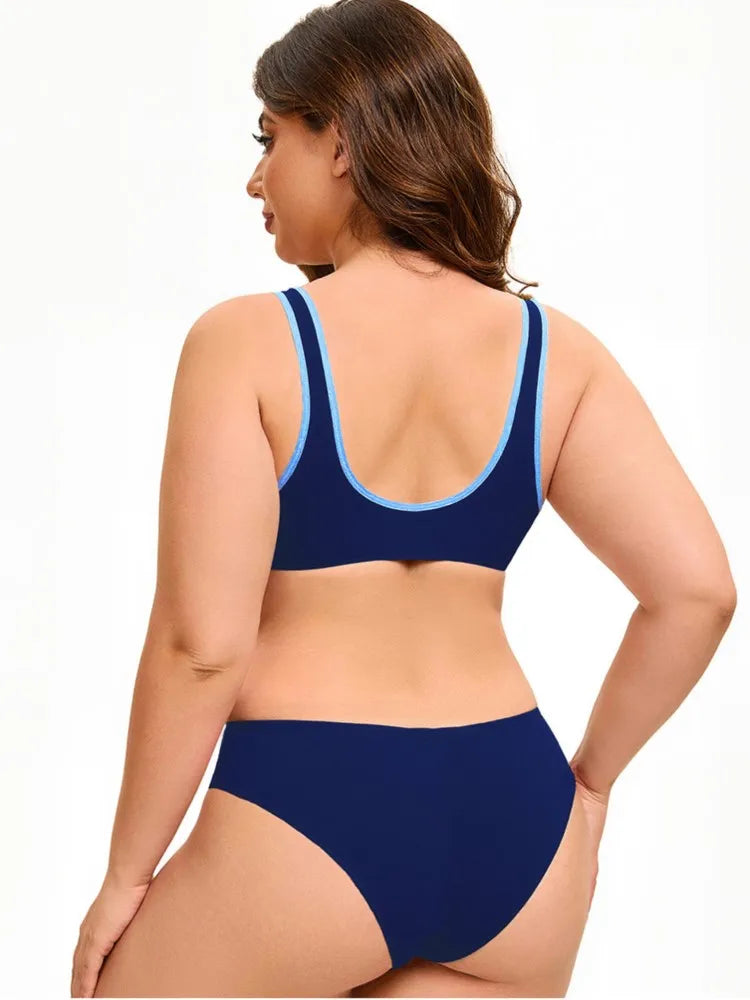 Solid Color Plus Size Bikini – Scoop Neck &amp; Contrast Stripe Trim